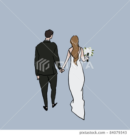 Bride and groom holding hands, back view of men and women, wedding, wedding, blue, A Bride and groom holding hands, back view of men and women, wedding, wedding, blue, A 84079343