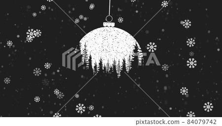 Christmas bauble dangling with Christmas tree pattern against snowflakes falling on black background 84079742