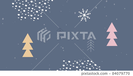 Snow falling over abstract shapes and Christmas trees moving against grey background Snow falling over abstract shapes and Christmas trees moving against grey background 84079770