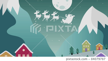 Silhouette of Santa Claus in sleigh being pulled by reindeers against moon and winter landscape Silhouette of Santa Claus in sleigh being pulled by reindeers against moon and winter landscape 84079787