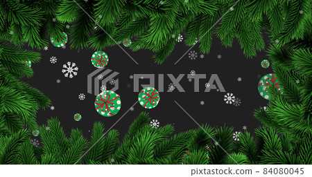 Image of snow falling and christmas baubles decoration with fir trees on black background Image of snow falling and christmas baubles decoration with fir trees on black background 84080045