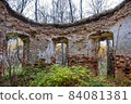 The ruins of an ancient red brick church with remnants of white plaster. 84081381