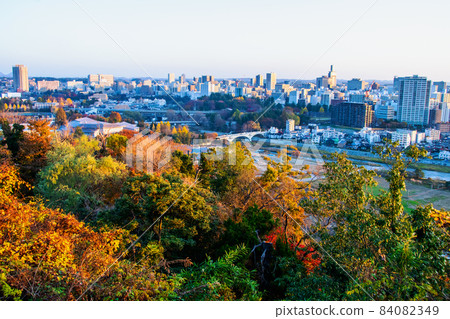 From Aoba Castle Ruins Park in Sendai City, you can see the city of Forests shining in the sunlight of rising sun. 84082349