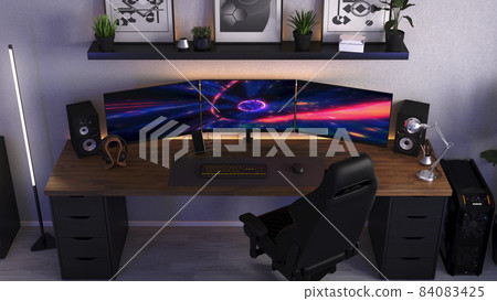 Games room with a cyber gamer computer. 3d rendering image of neon lighting Games room with a cyber gamer computer. 3d rendering image of neon lighting 84083425