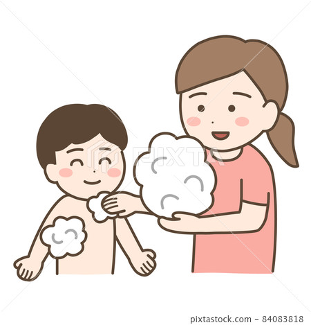 Mother washing her child with lathered soap (body soap) foam 84083818