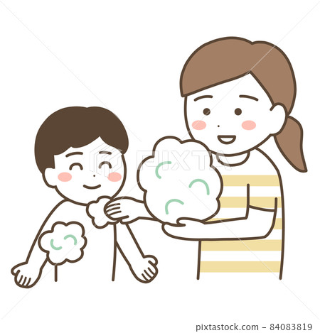 Mother washing her child with lathered soap (body soap) foam 84083819