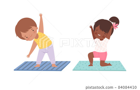 Cute Boy and Girl Doing Yoga Standing in Asana on Mat Vector Set 84084410