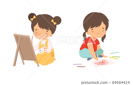 Little Girl Drawing on Paper with Colored Pencil and Brush Vector Set Little Girl Drawing on Paper with Colored Pencil and Brush Vector Set 84084424