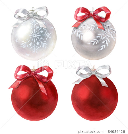 Christmas tree decoration, red and silver balls, new year decor, watercolor illustration Christmas tree decoration, red and silver balls, new year decor, watercolor illustration 84084426