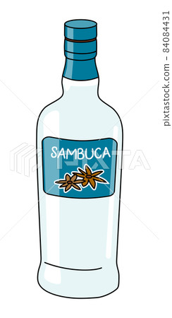Traditional Italian anise Sambuca liquor in bottle. Doodle cartoon hipster style vector illustration isolated on white background. Good for party card, posters, bar menu or alcohol cook book recipe Traditional Italian anise Sambuca liquor in bottle. Doodle cartoon hipster style vector illustration isolated on white background. Good for party card, posters, bar menu or alcohol cook book recipe 84084431