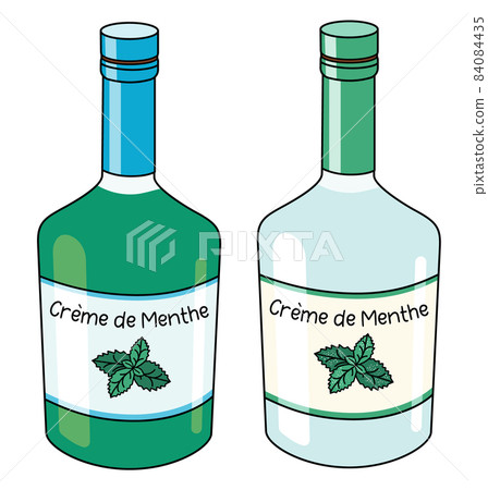 Traditional green and white sweet French Creme de Mente mint liqueurs in a bottle. Doodle cartoon hipster style vector illustration. For party card, posters, bar menu or alcohol cook book Traditional green and white sweet French Creme de Mente mint liqueurs in a bottle. Doodle cartoon hipster style vector illustration. For party card, posters, bar menu or alcohol cook book 84084435