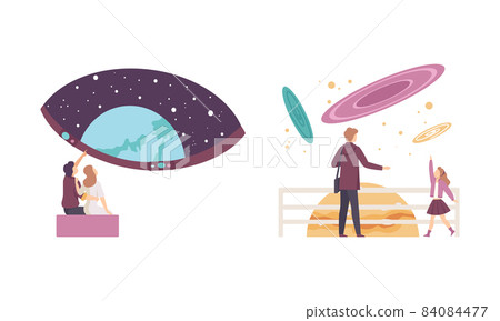 People Character Visiting Planetarium Learning about Astronomy and Night Sky Vector Set 84084477