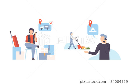 Man Ordering Freight Mover and Gardening Service Vector Set Man Ordering Freight Mover and Gardening Service Vector Set 84084539