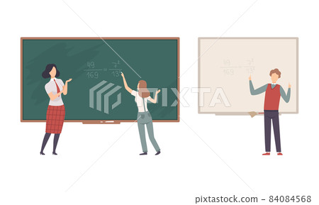 Teacher or University Professor Standing in Front of Chalkboard Explaining Lesson Vector Set 84084568