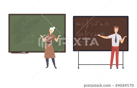 Man and Woman Teacher or University Professor Standing in Front of Chalkboard Explaining Lesson Vector Set 84084570