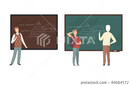 Man Teacher or University Professor Standing in Front of Chalkboard Explaining Lesson to Student Vector Set 84084572
