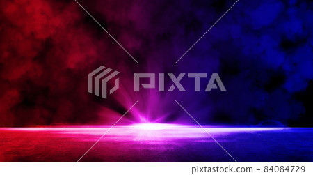 Studio dark room with fog or mist and lighting effect red and blue on concrete floor grunge texture background. 84084729