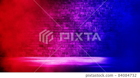 Studio dark room with fog or mist and lighting effect red and blue on brick wall and concrete floor grunge texture background. 84084732