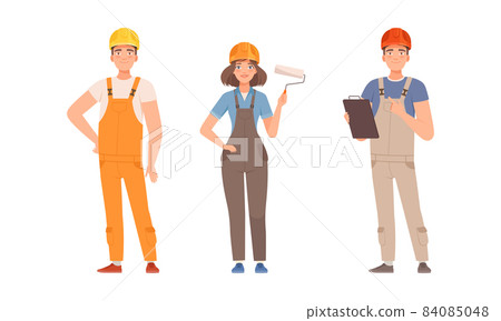 Handyman or Fixer as Skilled Man and Woman Wearing Overall Holding Paint Roller and Clip Board Engaged in Home Repair Work Vector Set 84085048