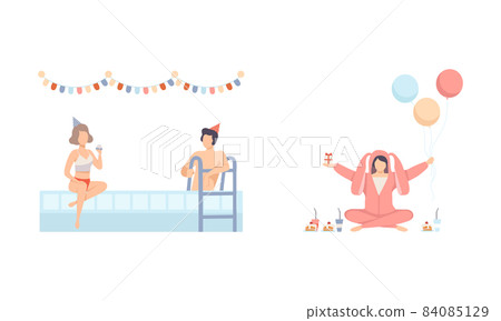 Joyful People Character in Cone Hat at Swimming Pool Drinking Cocktail Celebrating Feast Vector Illustration Set Joyful People Character in Cone Hat at Swimming Pool Drinking Cocktail Celebrating Feast Vector Illustration Set 84085129