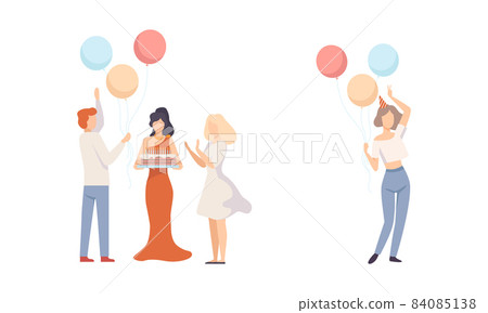 Joyful People Character in Cone Hat with Cake and Candles Celebrating Feast Vector Illustration Set Joyful People Character in Cone Hat with Cake and Candles Celebrating Feast Vector Illustration Set 84085138