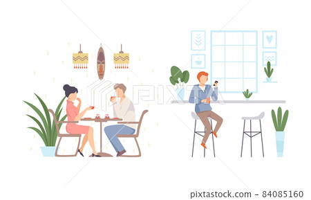 Man and Woman Sitting in Cafe Eating Dessert and Using Smartphone Vector Set 84085160