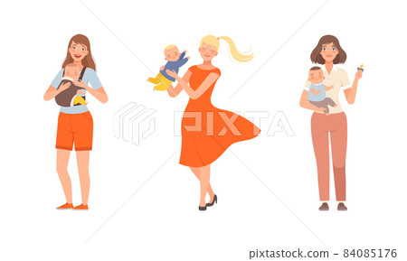 Young Loving Mother Spending Time with Her Little Baby Nursing Him Vector Set Young Loving Mother Spending Time with Her Little Baby Nursing Him Vector Set 84085176