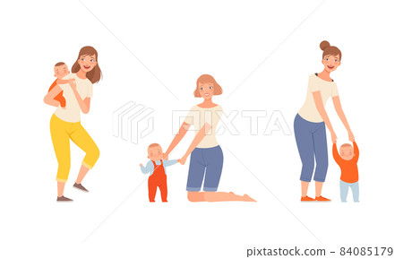 Young Loving Mother Spending Time with Her Little Baby Nursing Him Vector Set Young Loving Mother Spending Time with Her Little Baby Nursing Him Vector Set 84085179