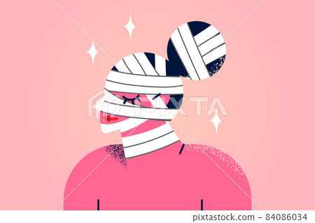 Woman with head in bandages after cosmetic surgery  84086034