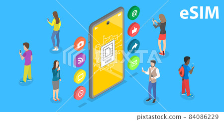 3D Isometric Flat Vector Conceptual Illustration of eSIM Card. 84086229