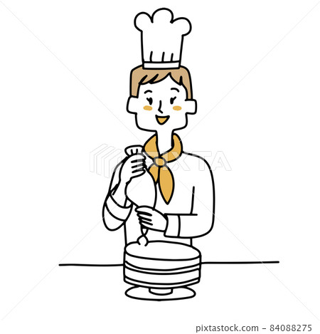 Pastry chef squeezing cream on cake Pastry chef squeezing cream on cake 84088275