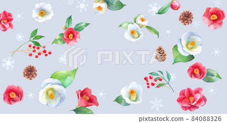 Decorative frame of winter plants. Watercolor illustration of red and white camellia, pine cones, southern sky, and snowflakes. 84088326