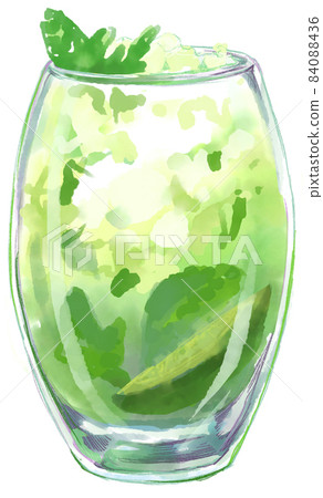 Watercolor illustration of a green cocktail with lime and mint in a clear rock glass Watercolor illustration of a green cocktail with lime and mint in a clear rock glass 84088436