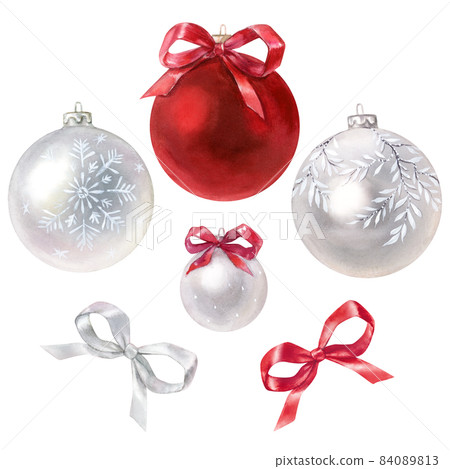 Christmas tree decoration, red and silver balls, new year decor, watercolor illustration Christmas tree decoration, red and silver balls, new year decor, watercolor illustration 84089813