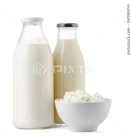 Fresh dairy products milk and cottage cheeese isolated on white 84090454