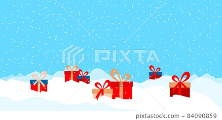 Merry Christmas And Happy New Year Design With Holiday Gifts Boxes Lie In Snow Winter Background Art Merry Christmas And Happy New Year Design With Holiday Gifts Boxes Lie In Snow Winter Background Art 84090859