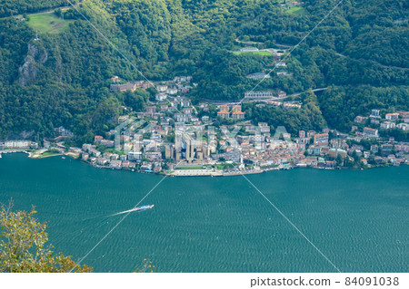 Campione, Italy - October 6th 2021: View from Monte San Salvatore towards the village with the former casino 84091038
