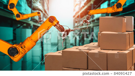 Smart robot arm system for innovative warehouse and factory digital technology Smart robot arm system for innovative warehouse and factory digital technology 84091427