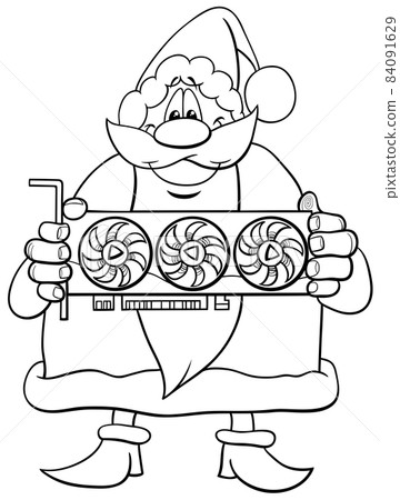 cartoon Santa Claus with graphics card coloring book page cartoon Santa Claus with graphics card coloring book page 84091629