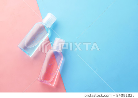 hand sanitizer liquid in a plastic bottle on color background hand sanitizer liquid in a plastic bottle on color background 84091823