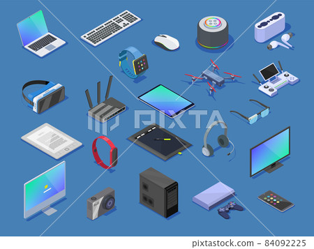 Modern wireless technologies, smart devices. Different electronic gadgets for communication playing Modern wireless technologies, smart devices. Different electronic gadgets for communication playing 84092225