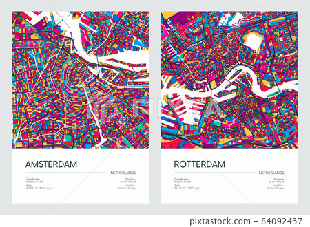 Color detailed road map, urban street plan city Amsterdam and Rotterdam with colorful neighborhoods and districts, Travel vector poster 84092437