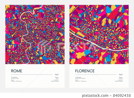 Color detailed road map, urban street plan city Rome and Florence with colorful neighborhoods and districts, Travel vector poster Color detailed road map, urban street plan city Rome and Florence with colorful neighborhoods and districts, Travel vector poster 84092438