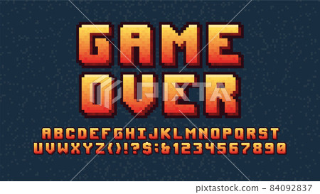 Digital arcade alphabet pixel 3d font, video computer game design 8 bit electronic entertainment vector latin typeface, yellow-red letters and numbers with dark outline Digital arcade alphabet pixel 3d font, video computer game design 8 bit electronic entertainment vector latin typeface, yellow-red letters and numbers with dark outline 84092837