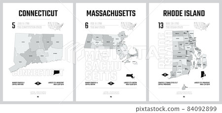 Highly detailed vector silhouettes of US state maps, Division United States into counties, political and geographic subdivisions of a states, New England - Connecticut, Massachusetts, Rhode Island - Highly detailed vector silhouettes of US state maps, Division United States into counties, political and geographic subdivisions of a states, New England - Connecticut, Massachusetts, Rhode Island - 84092899