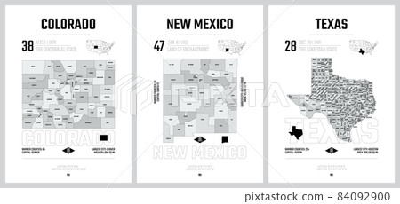Highly detailed vector silhouettes of US state maps, Division United States into counties, political and geographic subdivisions of a states, Mountain and West South Central - Colorado, New Mexico, Highly detailed vector silhouettes of US state maps, Division United States into counties, political and geographic subdivisions of a states, Mountain and West South Central - Colorado, New Mexico, 84092900