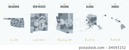 Vector set 10 of 10 Highly detailed silhouettes of US state maps, divided into counties with names and territory nicknames 84093152