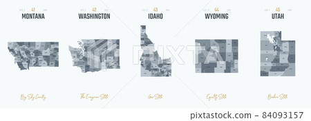 Vector set 9 of 10 Highly detailed silhouettes of US state maps, divided into counties with names and territory nicknames 84093157