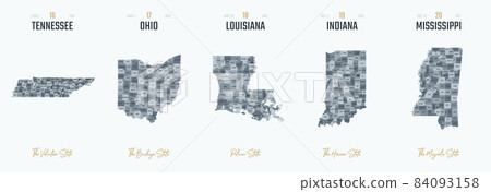 Vector set 4 of 10 Highly detailed silhouettes of US state maps, divided into counties with names and territory nicknames 84093158