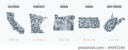 Vector set 7 of 10 Highly detailed silhouettes of US state maps, divided into counties with names and territory nicknames 84093160